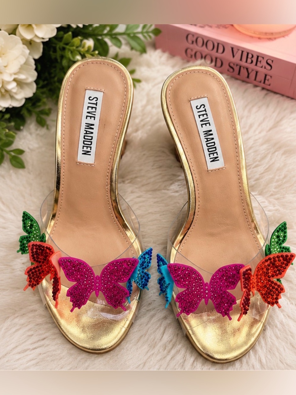 Steve Madden Gold Slides with Multicolor Butterfly Accents
